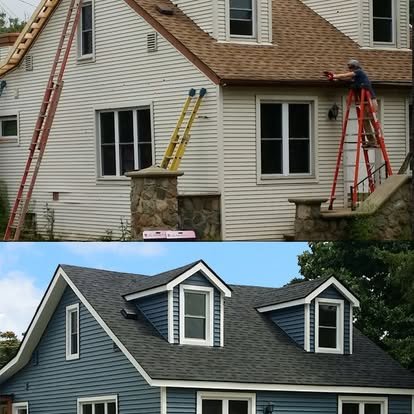 Before and after: complete roof and siding replacement — new charcoal asphalt shingles and fresh lap siding installation