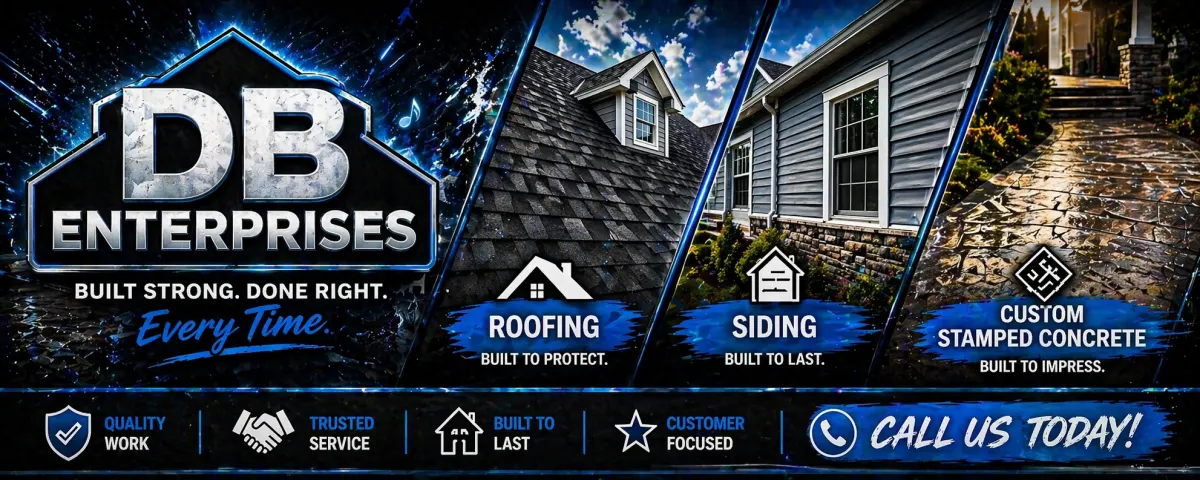 DB Enterprises roofing, siding, and construction banner